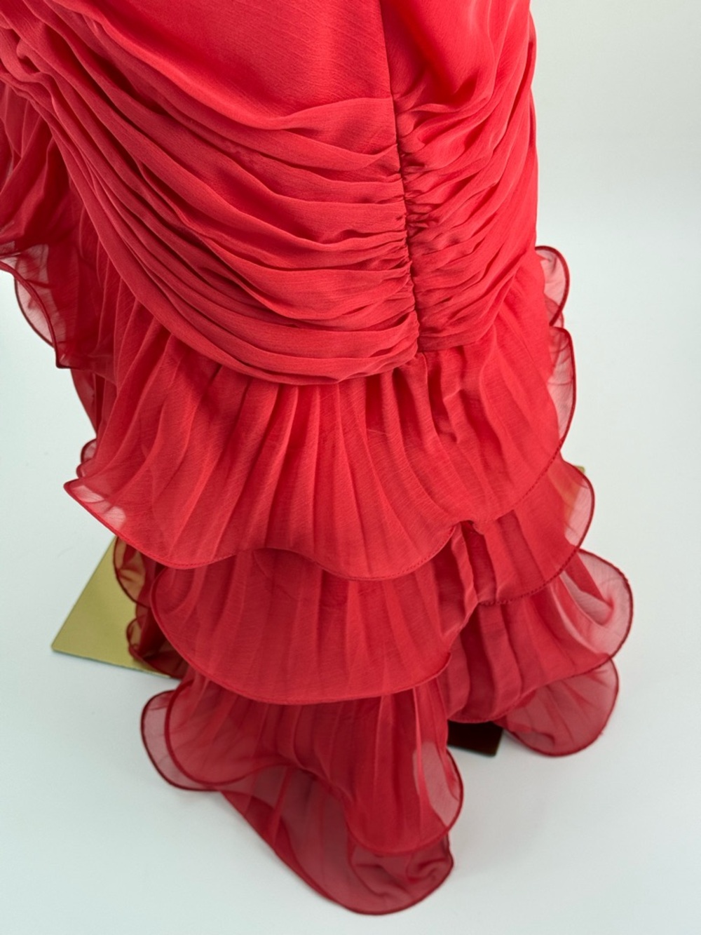 Dalia MacPhee Red One Shoulder Ruffle  Evening Gown Ruched Chiffon Formal  Dress - Picture 9 of 16